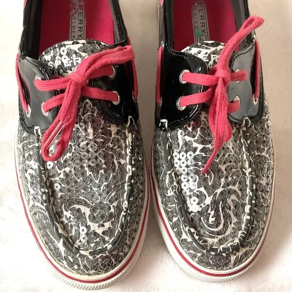 Black White Red Sperry Biscayne Sequined Loafer Lace Up Boat Shoes Size 8M - Picture 6 of 15